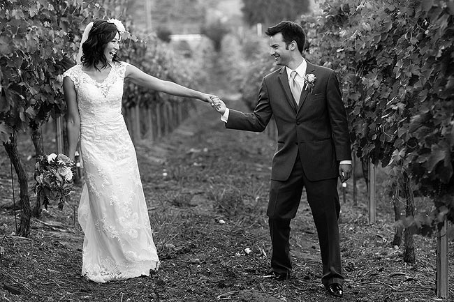 Braut &  Bräutigam halten Händchen im Weingut